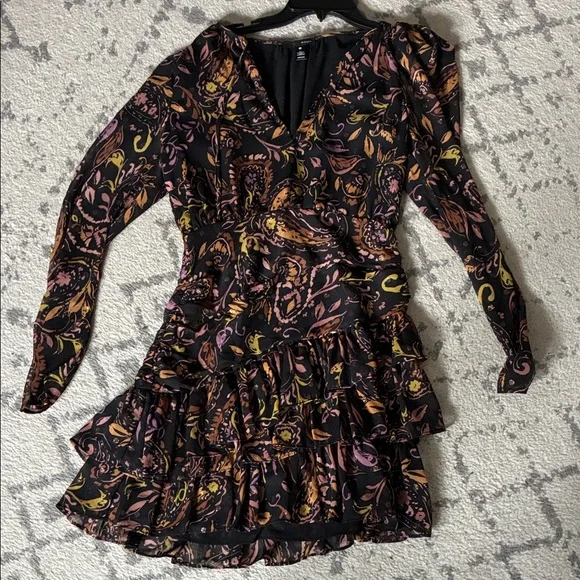 Aqua Black Paisley Long-Sleeve Ruffle Wrap Dress - Picture 1 of 2